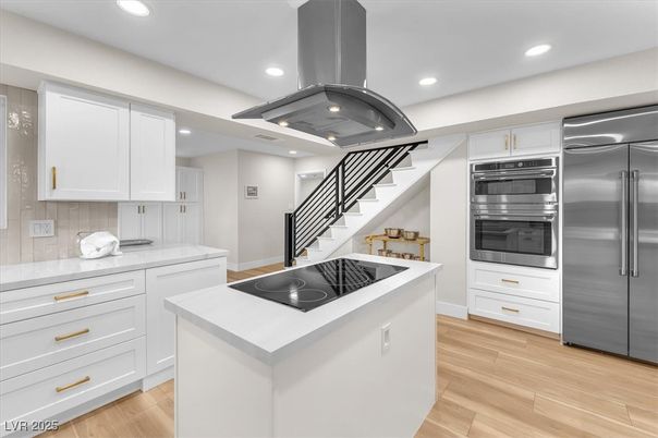 Interior, Kitchen, Recessed Lighting, Stainless Steel Appliances, Wood Texture Flooring