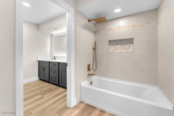 Bathroom, Interior, Recessed Lighting, Wood Texture Flooring
