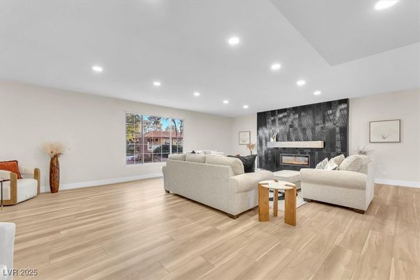 Fireplace, Interior, Living room, Recessed Lighting, Wood Texture Flooring