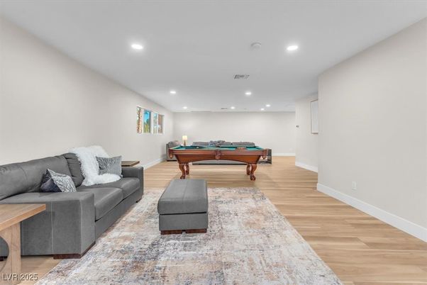 Billiard Table, Game Room, Interior, Living room, Recessed Lighting, Wood Texture Flooring