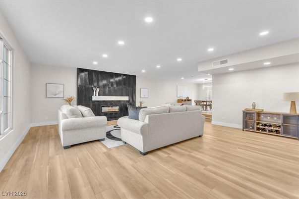 Fireplace, Interior, Living room, Recessed Lighting, Wood Texture Flooring