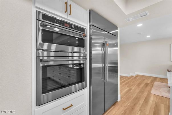 Interior, Kitchen, Recessed Lighting, Stainless Steel Appliances, Wood Texture Flooring