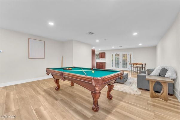 Billiard Table, Game Room, Interior, Recessed Lighting, Wood Texture Flooring