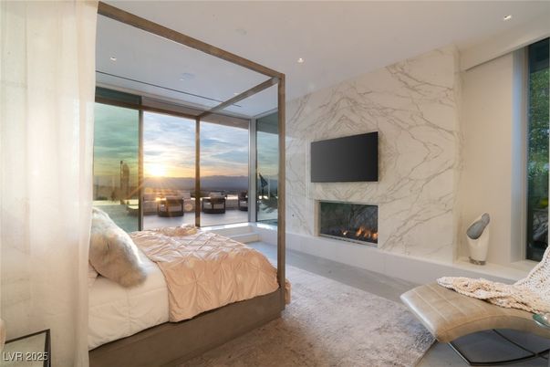 Bedroom, Fireplace, Interior, Marble Walls, Recessed Lighting, Water