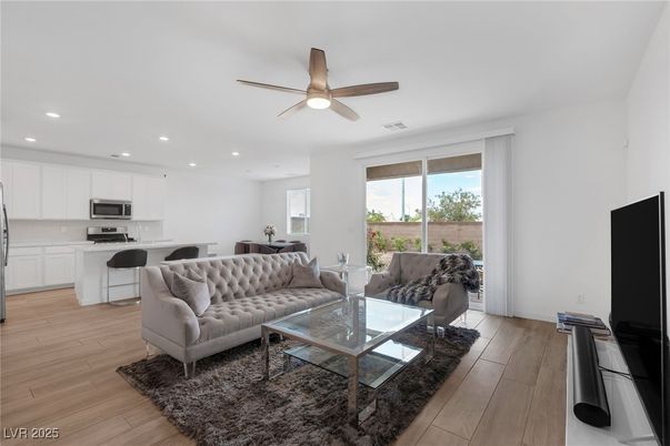 Dining room, Interior, Kitchen, Living room, Recessed Lighting, Stainless Steel Appliances, Wood Texture Flooring