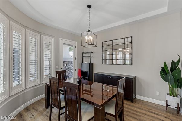 Dining room, Interior, Pendant Lights, Wood Texture Flooring