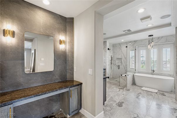 Bathroom, Free Standing Baths, Glass Shower, Interior, Marble, Marble Walls, Recessed Lighting