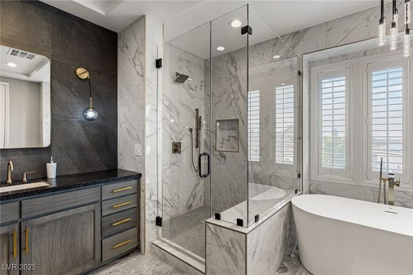 Bathroom, Free Standing Baths, Glass Shower, Interior, Marble, Marble Walls, Recessed Lighting