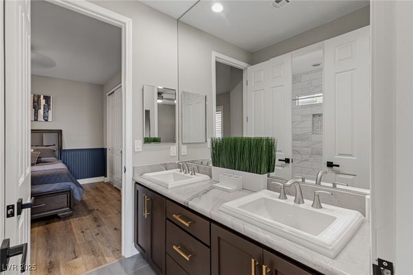 Bathroom, Bedroom, Dual Sink Vanities, Interior, Recessed Lighting, Wood Texture Flooring