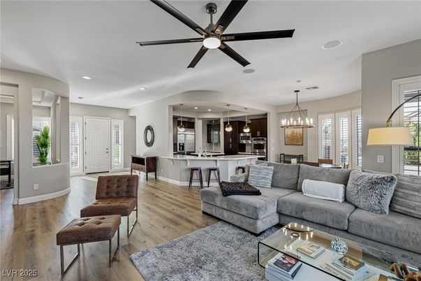 Dining room, Interior, Kitchen, Living room, Pendant Lights, Recessed Lighting, Stainless Steel Appliances, Wood Texture Flooring
