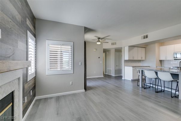 Empty room, Fireplace, Interior, Kitchen, Wood Texture Flooring