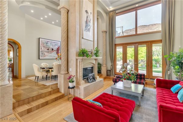 Dining room, Fireplace, Interior, Living room, Recessed Lighting, Wood Texture Flooring