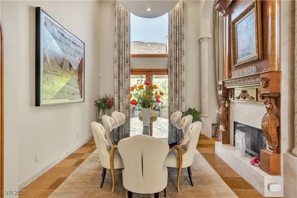 Dining room, Fireplace, Interior, Recessed Lighting