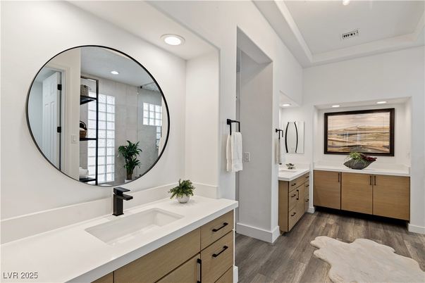 Bathroom, Dual Sink Vanities, Interior, Recessed Lighting, Wood Texture Flooring