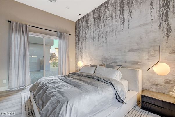 Bedroom, Interior, Pendant Lights, Wood Texture Flooring