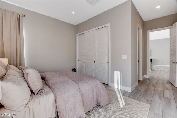 Bedroom, Interior, Recessed Lighting, Wood Texture Flooring