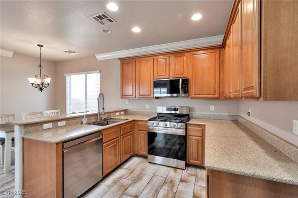 Chandelier, Interior, Kitchen, Pendant Lights, Recessed Lighting, Stainless Steel Appliances