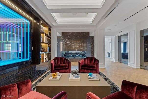 Interior, Living room, Marble Walls, Recessed Lighting, Wood Texture Flooring