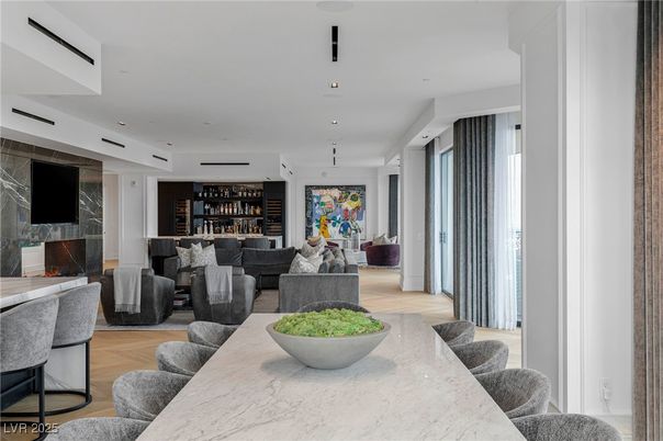 Dining room, Interior, Living room, Recessed Lighting, Wood Texture Flooring