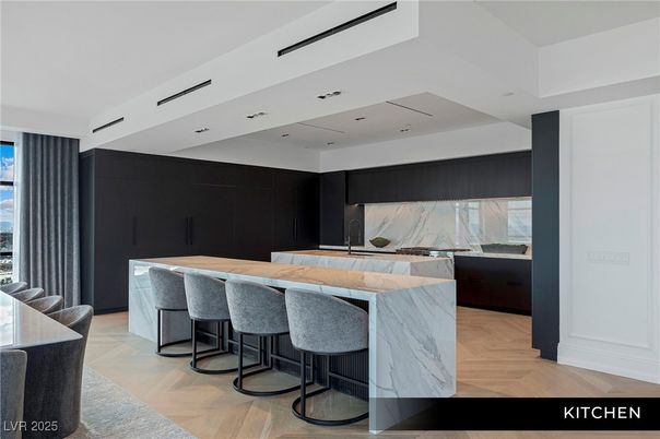 Interior, Kitchen, Marble Walls, Recessed Lighting, Wood Texture Flooring