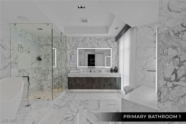 Bathroom, Dual Sink Vanities, Free Standing Baths, Glass Shower, Interior, Marble, Marble Walls, Recessed Lighting