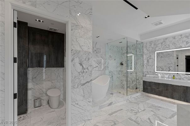 Bathroom, Free Standing Baths, Glass Shower, Interior, Marble, Marble Walls, Recessed Lighting
