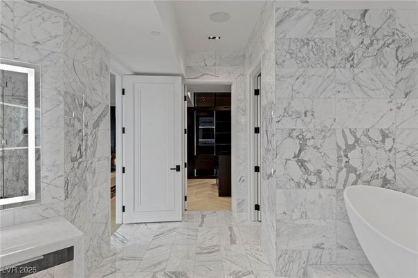 Bathroom, Free Standing Baths, Interior, Marble, Marble Walls, Recessed Lighting