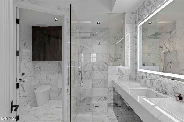 Bathroom, Glass Shower, Interior, Marble, Marble Walls, Recessed Lighting