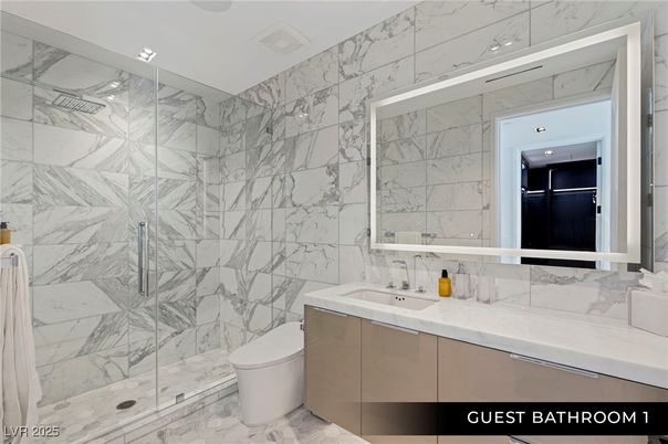 Bathroom, Glass Shower, Interior, Marble, Marble Walls, Recessed Lighting