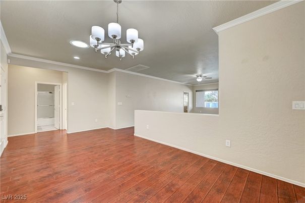 Chandelier, Empty room, Interior, Recessed Lighting, Wood Texture Flooring