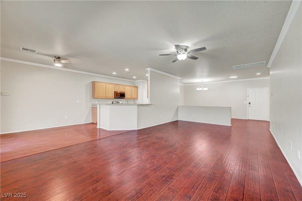 Empty room, Interior, Kitchen, Recessed Lighting, Wood Texture Flooring