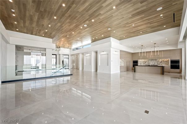 Empty room, Interior, Kitchen, Pendant Lights, Recessed Lighting, Wooden Ceilings
