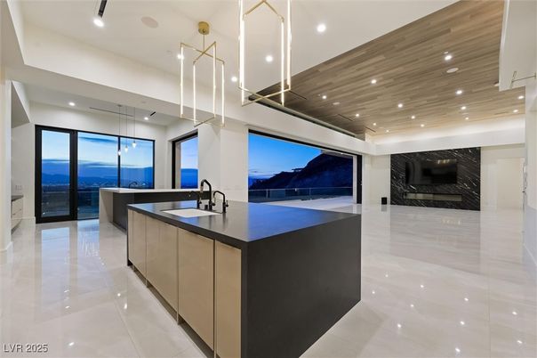 Fireplace, Interior, Kitchen, Pendant Lights, Recessed Lighting, Water, Wooden Ceilings