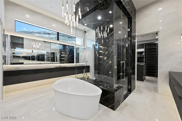 Bathroom, Free Standing Baths, Glass Shower, Interior, Marble Walls, Pendant Lights, Recessed Lighting