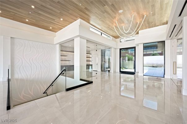 Chandelier, Empty room, Interior, Recessed Lighting, Wooden Ceilings