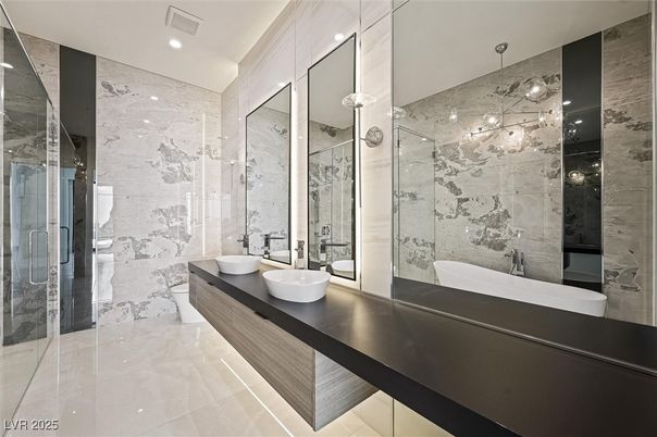 Bathroom, Dual Sink Vanities, Glass Shower, Interior, Marble, Marble Walls, Recessed Lighting