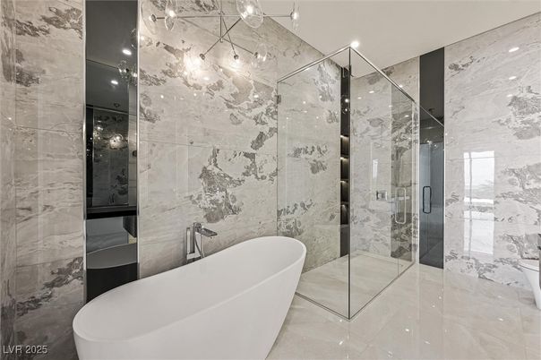 Bathroom, Free Standing Baths, Glass Shower, Interior, Marble Walls, Recessed Lighting