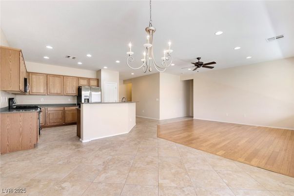 Chandelier, Empty room, Interior, Kitchen, Recessed Lighting, Wood Texture Flooring
