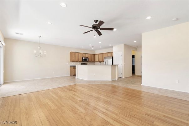 Chandelier, Empty room, Interior, Kitchen, Recessed Lighting, Wood Texture Flooring