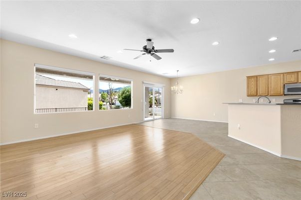 Chandelier, Empty room, Interior, Kitchen, Recessed Lighting, Wood Texture Flooring