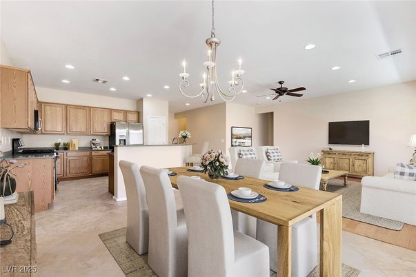 Chandelier, Dining room, Interior, Kitchen, Recessed Lighting, Stainless Steel Appliances