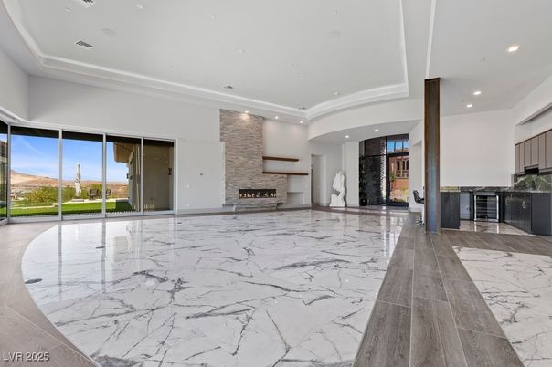 Empty room, Fireplace, Interior, Marble, Recessed Lighting, Stone Walls