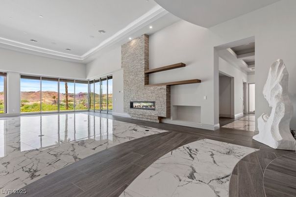 Empty room, Fireplace, Interior, Marble, Recessed Lighting