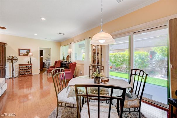 Dining room, Interior, Pendant Lights, Recessed Lighting, Wood Texture Flooring