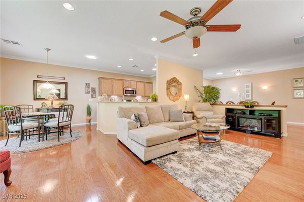 Dining room, Interior, Kitchen, Living room, Pendant Lights, Recessed Lighting, Stainless Steel Appliances, Wood Texture Flooring