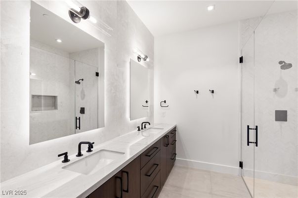 Bathroom, Dual Sink Vanities, Glass Shower, Interior, Recessed Lighting