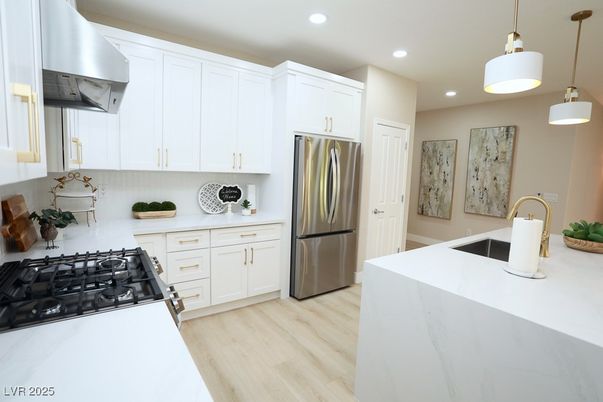 Interior, Kitchen, Pendant Lights, Recessed Lighting, Stainless Steel Appliances, Wood Texture Flooring