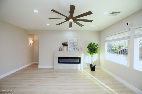 Empty room, Fireplace, Interior, Recessed Lighting, Wood Texture Flooring