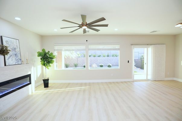Empty room, Fireplace, Interior, Recessed Lighting, Wood Texture Flooring
