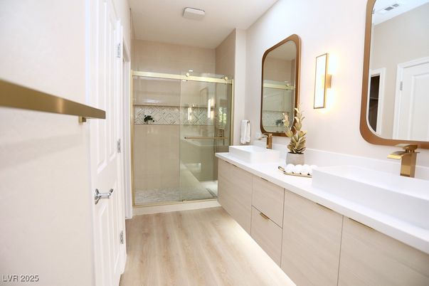 Bathroom, Dual Sink Vanities, Glass Shower, Interior, Wood Texture Flooring